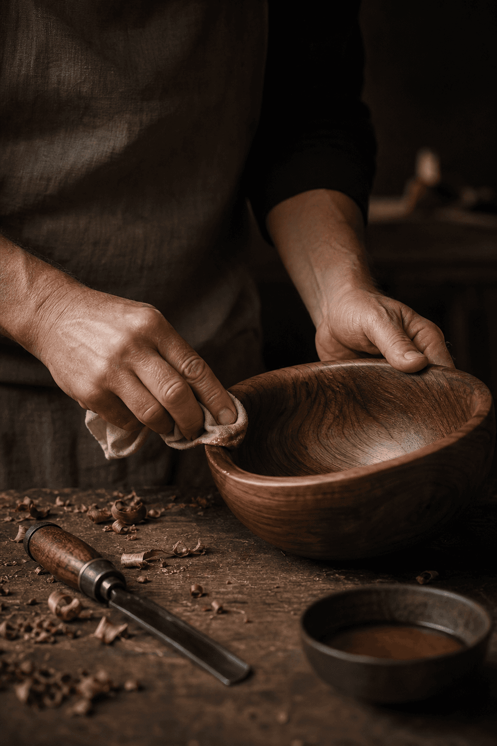 Craftsperson finishing a walnut bowl