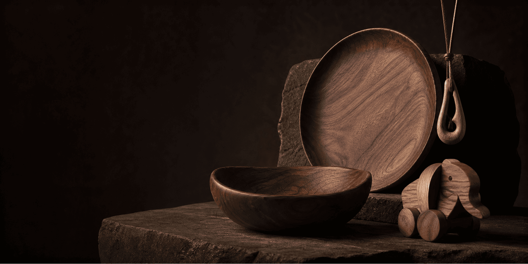 Kalwood objects in a dark atelier
